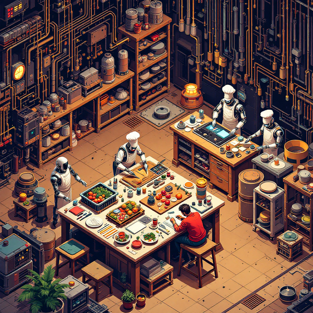 A master chef teaching an apprentice knife techniques, showing proper grip and cutting angles before letting them practice independently