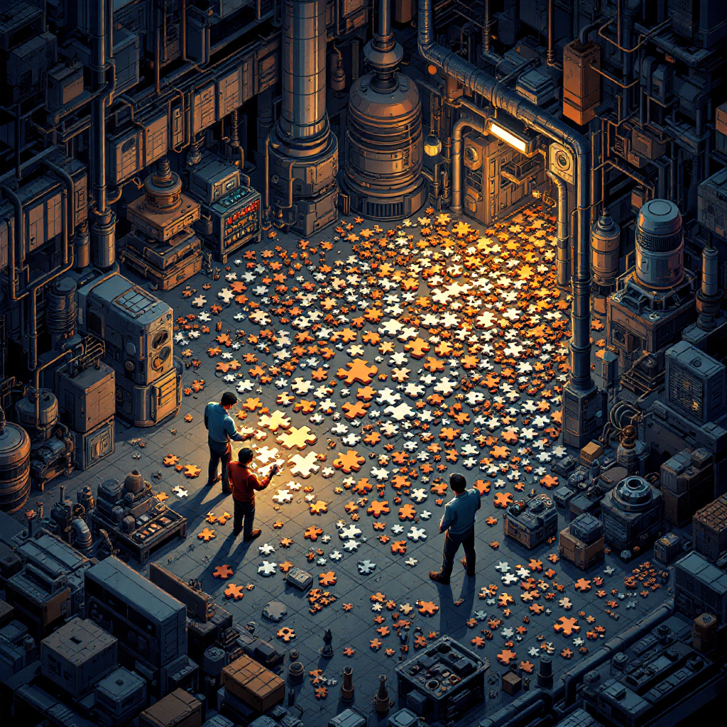 A craftsperson examining individual puzzle pieces while another person views the complete puzzle from above