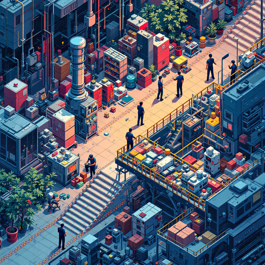 A quality control inspector at the end of a production line, checking and combining products from multiple independent work stations before final packaging