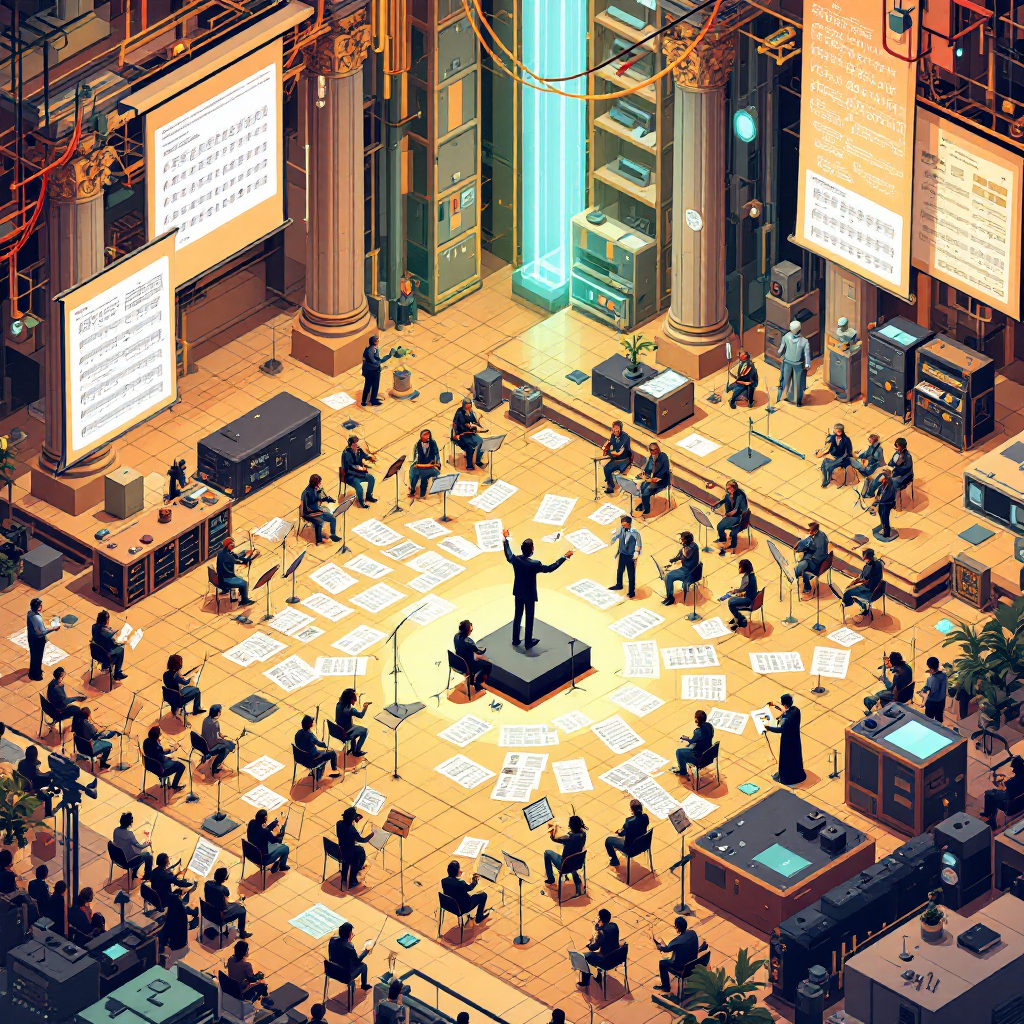 A conductor managing an orchestra with a simple baton while complex sheet music flows to musicians' stands, representing thin tool interfaces coordinating complex operations