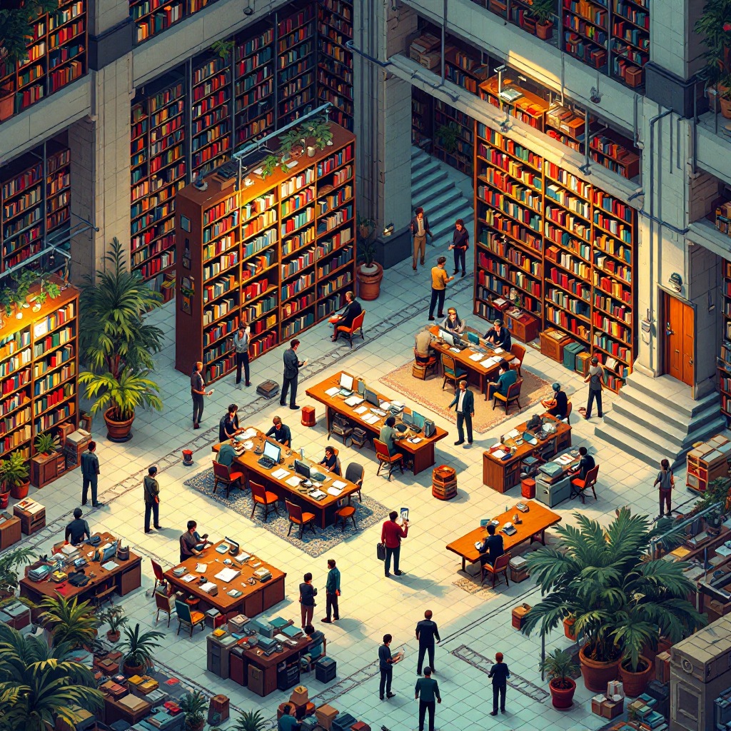 A library with a reading room containing only essential reference books while vast stacks extend into connected storage areas, representing hot context and cold storage separation