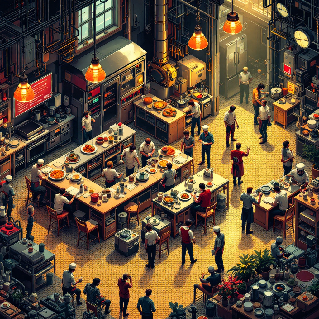 A chef expediting orders in a busy restaurant kitchen, coordinating multiple line cooks while maintaining quality control across all dishes