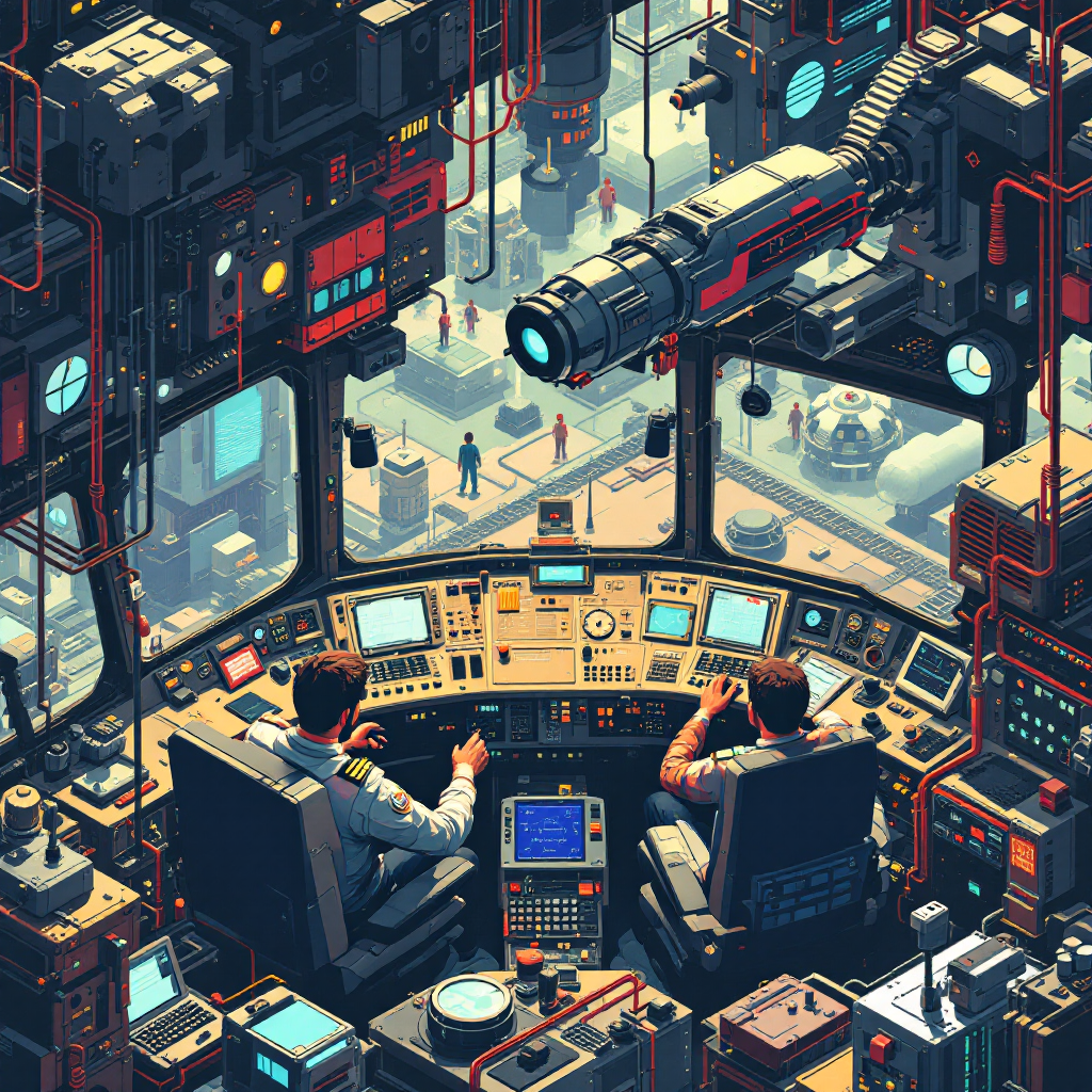 A pilot adjusting altitude controls in a cockpit while reading instruments and scanning the horizon for changing weather conditions