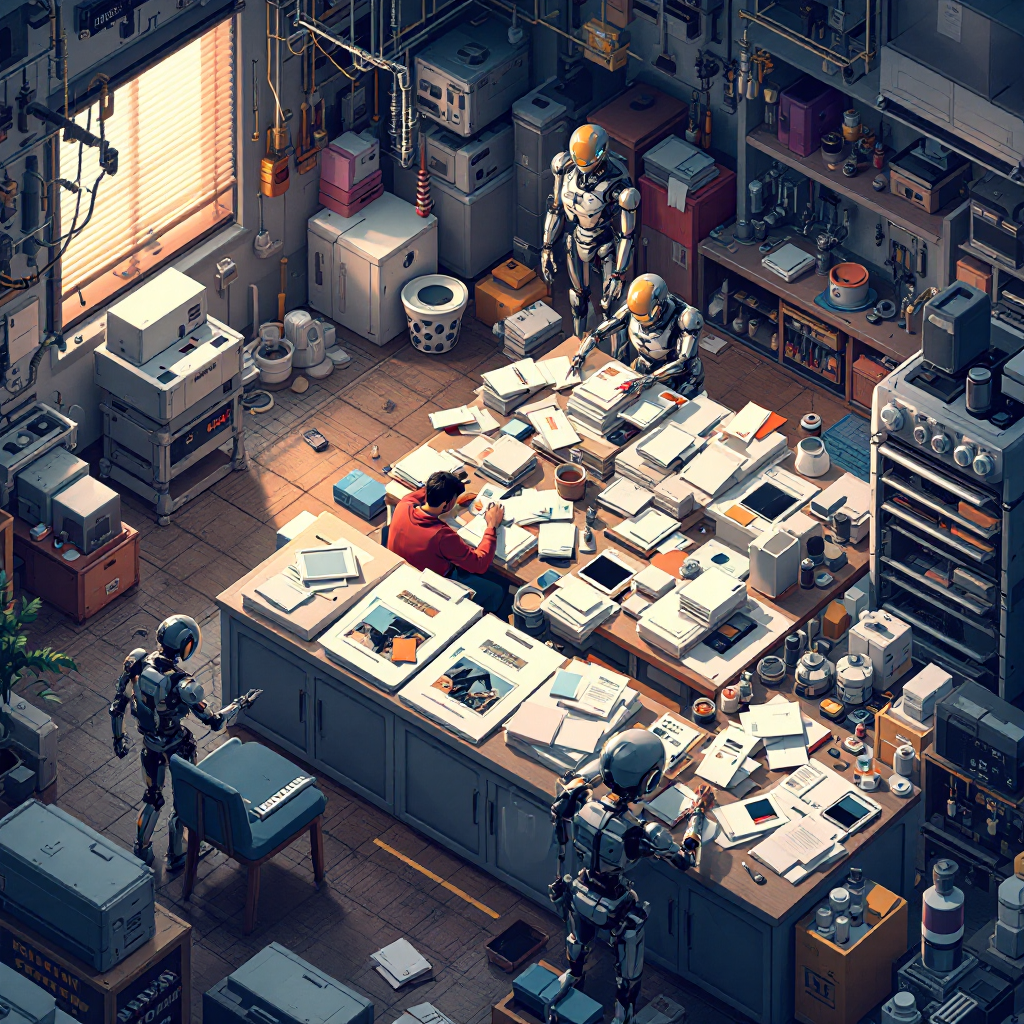 Someone sorting through a shoebox of old receipts and photos on their kitchen table, creating neat labeled envelopes for "2024 Medical," "Vacation Memories," and "Tax Documents"—the kind of mundane organizing task you can do while half-watching TV, where everything you need is right in front of you rather than scattered across different websites requiring passwords and verification codes