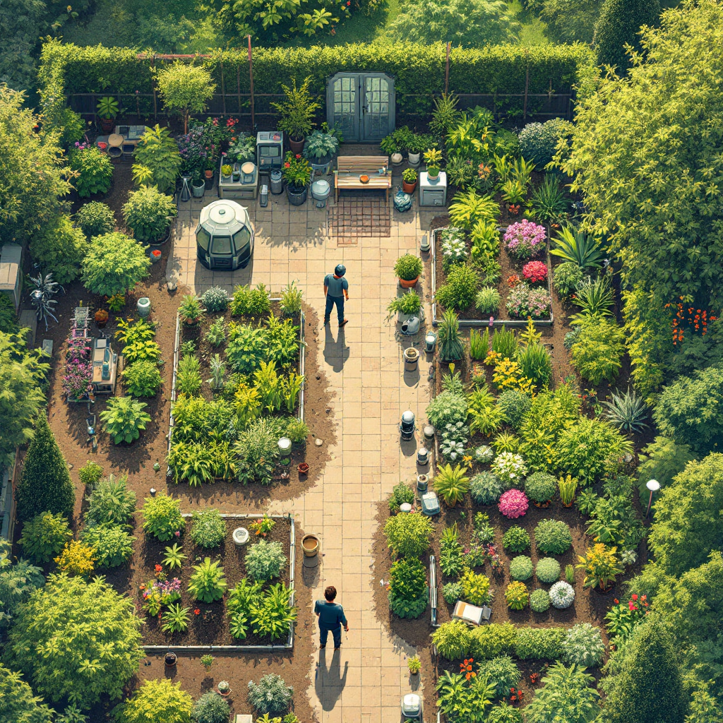 A gardener's backyard with several small test plots - each trying different soil mixes, watering schedules, or plant combinations - while thick gardening manuals and elaborate seasonal plans remain unopened on a porch table, the gardener kneeling in the dirt comparing actual growth across plots